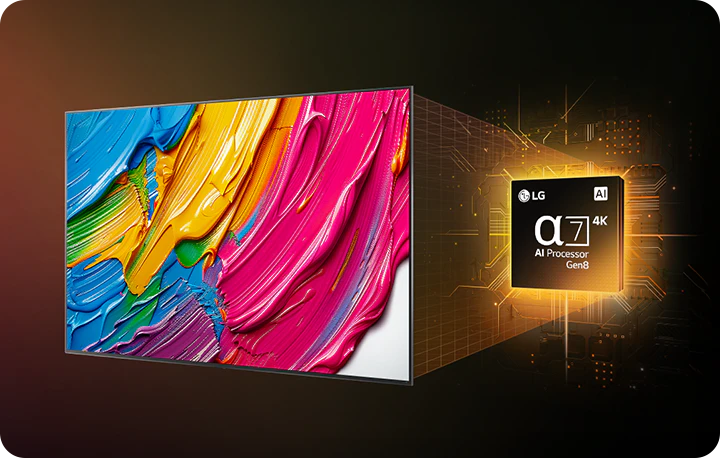 화려한 색상의 추상적인 그림이 디스플레이에 나타나 있으며, 옆에는 'LG α7 4K AI Processor Gen8'이라는 텍스트가 있는 프로세서 이미지가 있습니다. 배경은 어두운 색상으로 구성되어 있습니다.